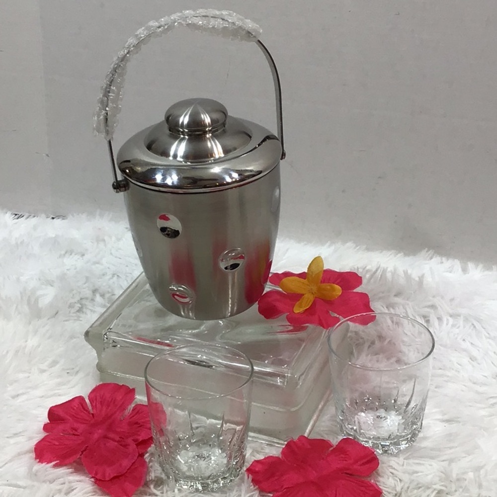 Marquis Waterford stainless steel ice bucket w/2 weighted glasses